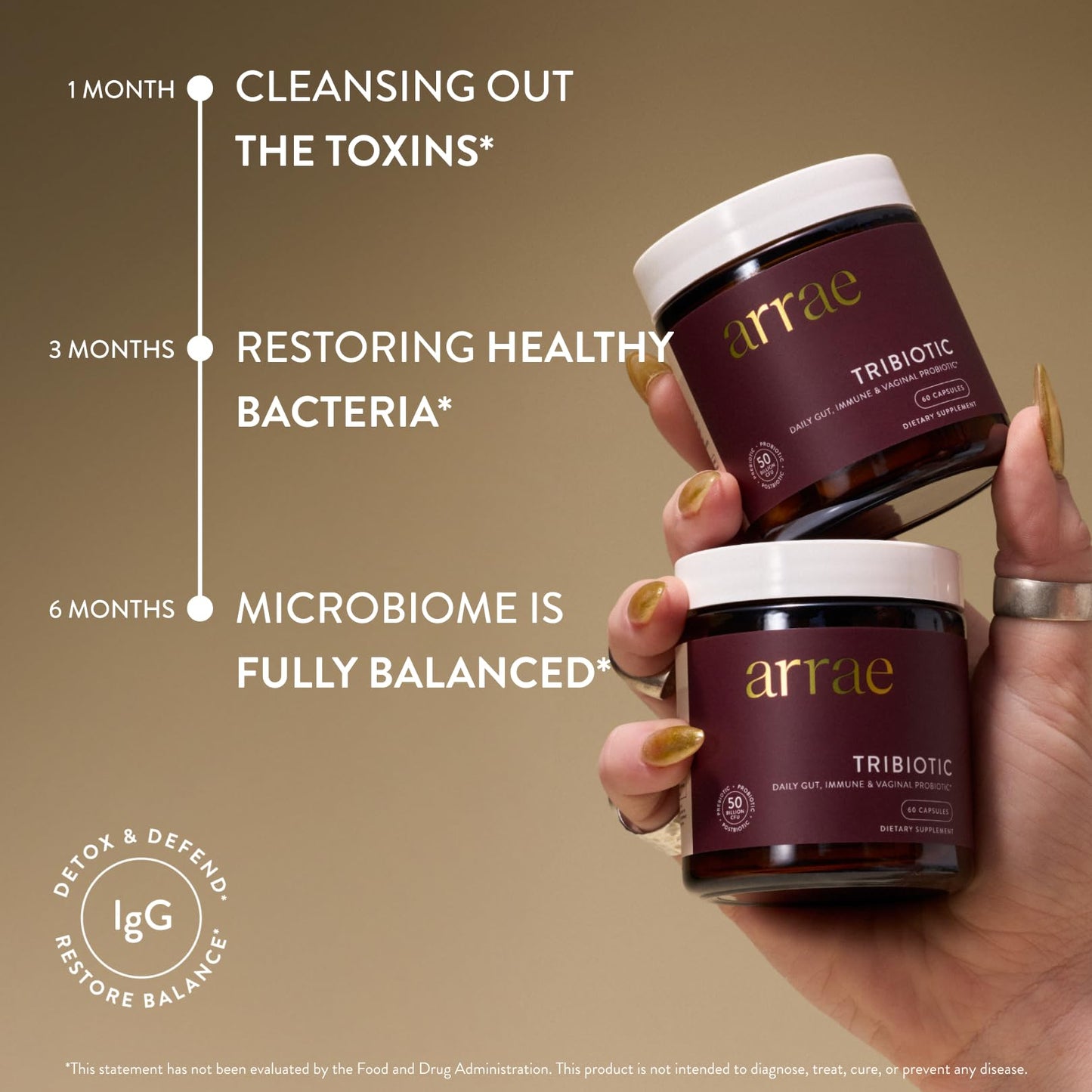 Arrae Tribiotic daily feminine health supplement bottle with capsule counts display