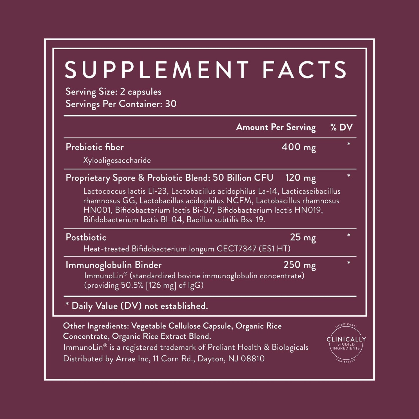 Arrae Tribiotic sixty count shelf stable daily capsules packaging layout