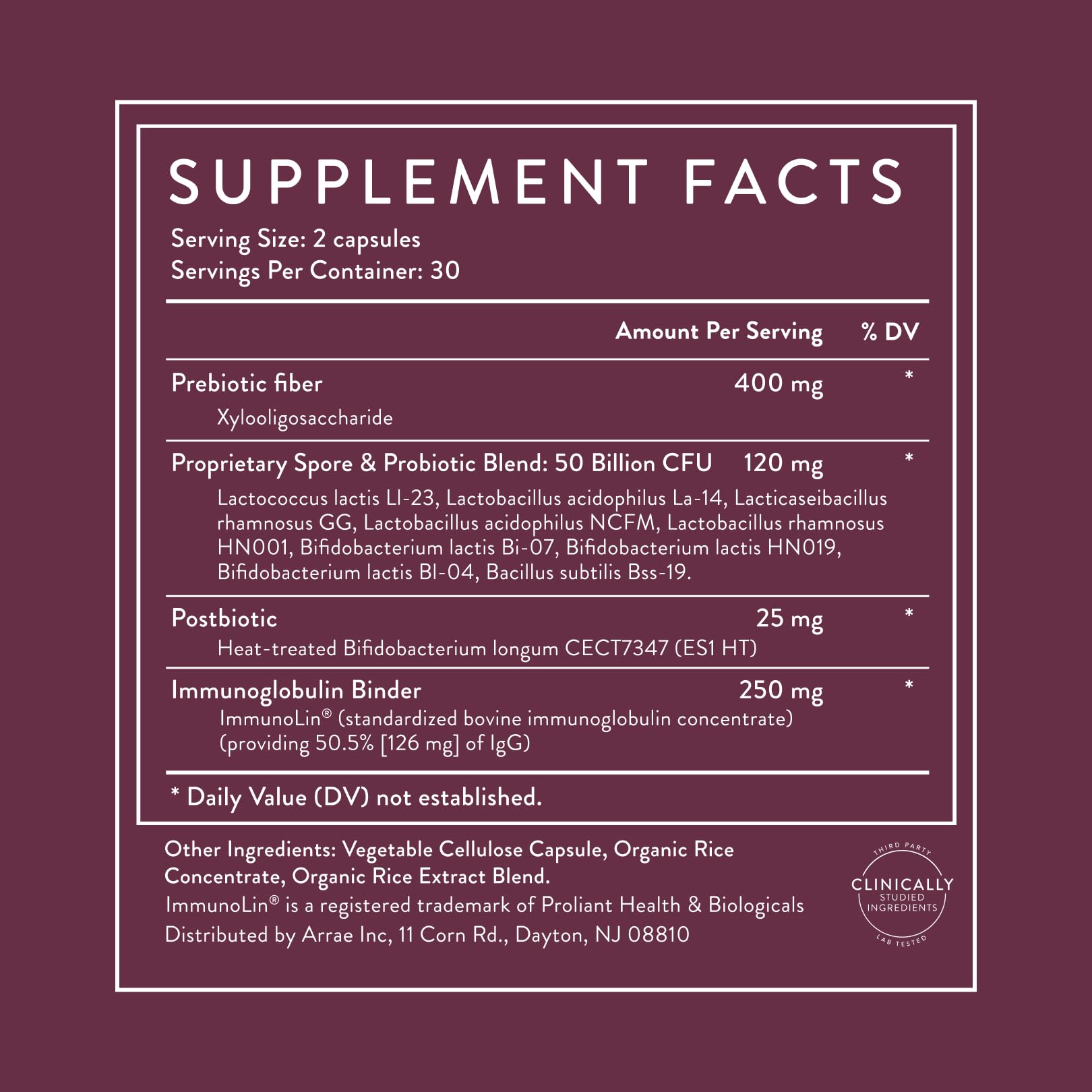 Arrae Tribiotic sixty count shelf stable daily capsules packaging layout
