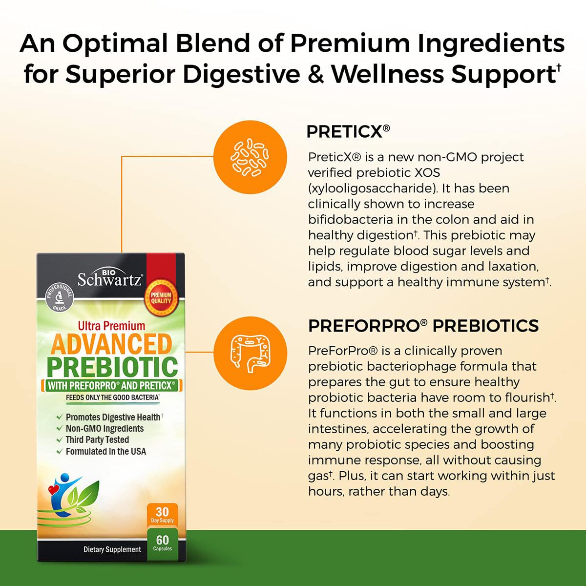BioSchwartz gut health capsules daily dosage instructions and prebiotic blend breakdown