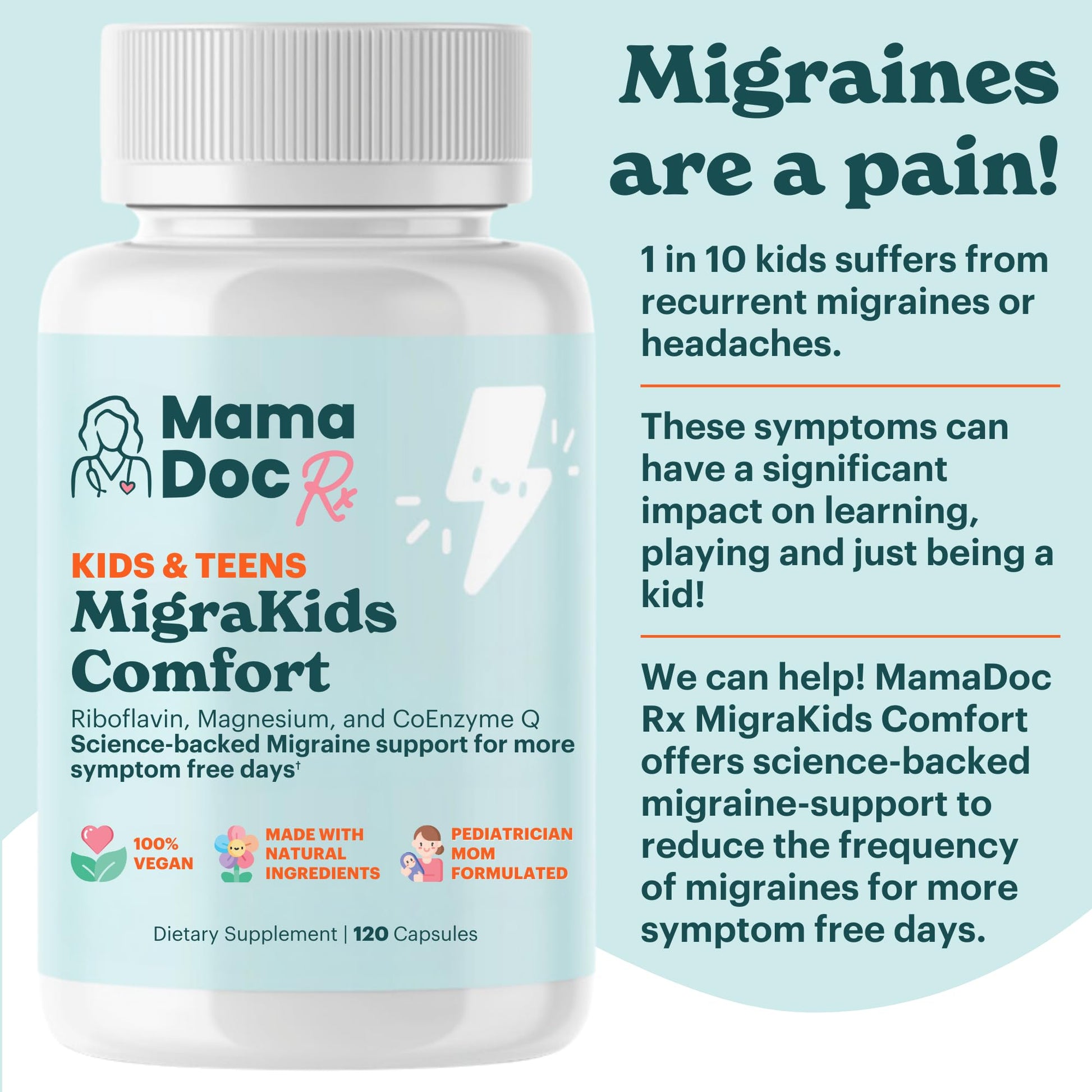 Educational label of MigraKids Comfort migraine support supplement