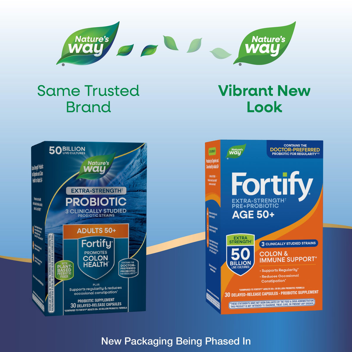 Natures Way Fortify 50 Plus probiotic packaging showing 50 billion live cultures count