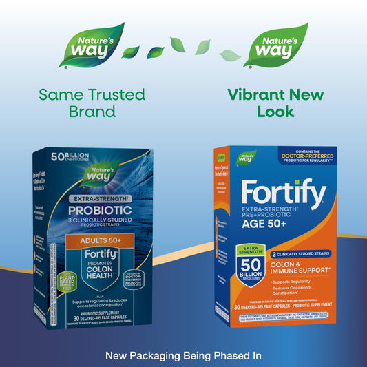 Nature's Way Fortify Extra Strength Probiotic 50 Billion Live Cultures bottle displaying the supplement facts panel