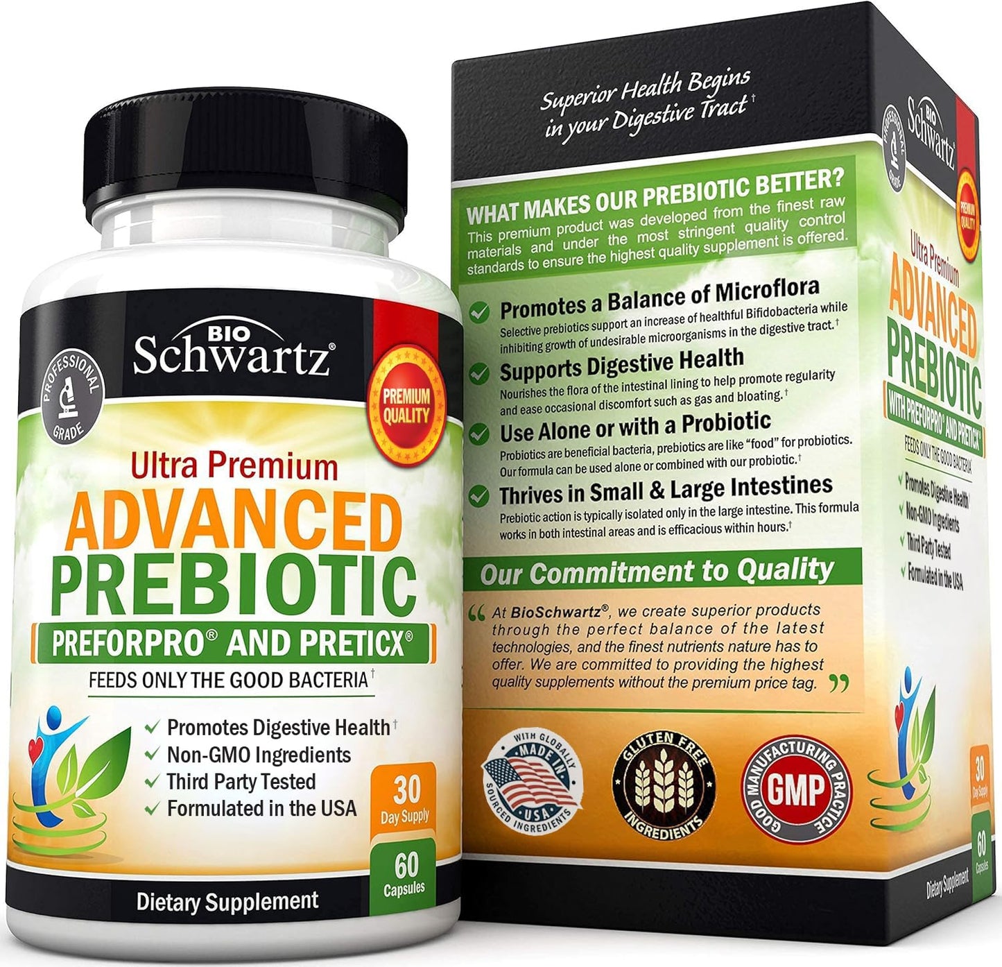 BioSchwartz advanced gut health packaging showing allergen free and vegan friendly details