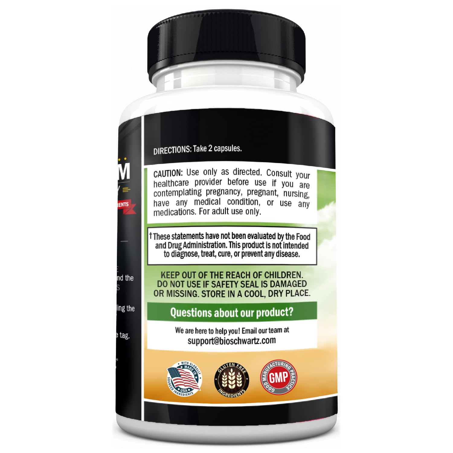 BioSchwartz sixty vegetable capsules prebiotic dietary supplement side label view