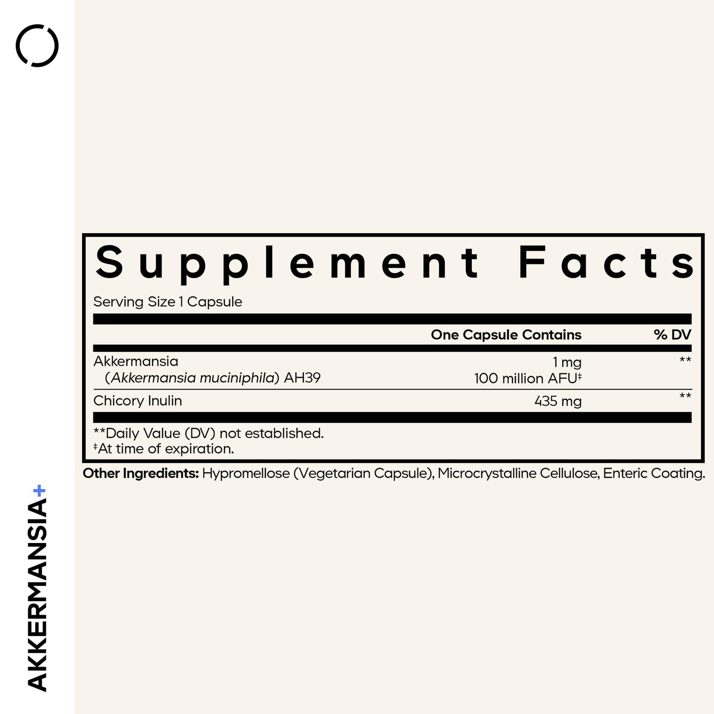 Supplement facts label on the back of the Codeage Akkermansia probiotic bottle showing ingredients.