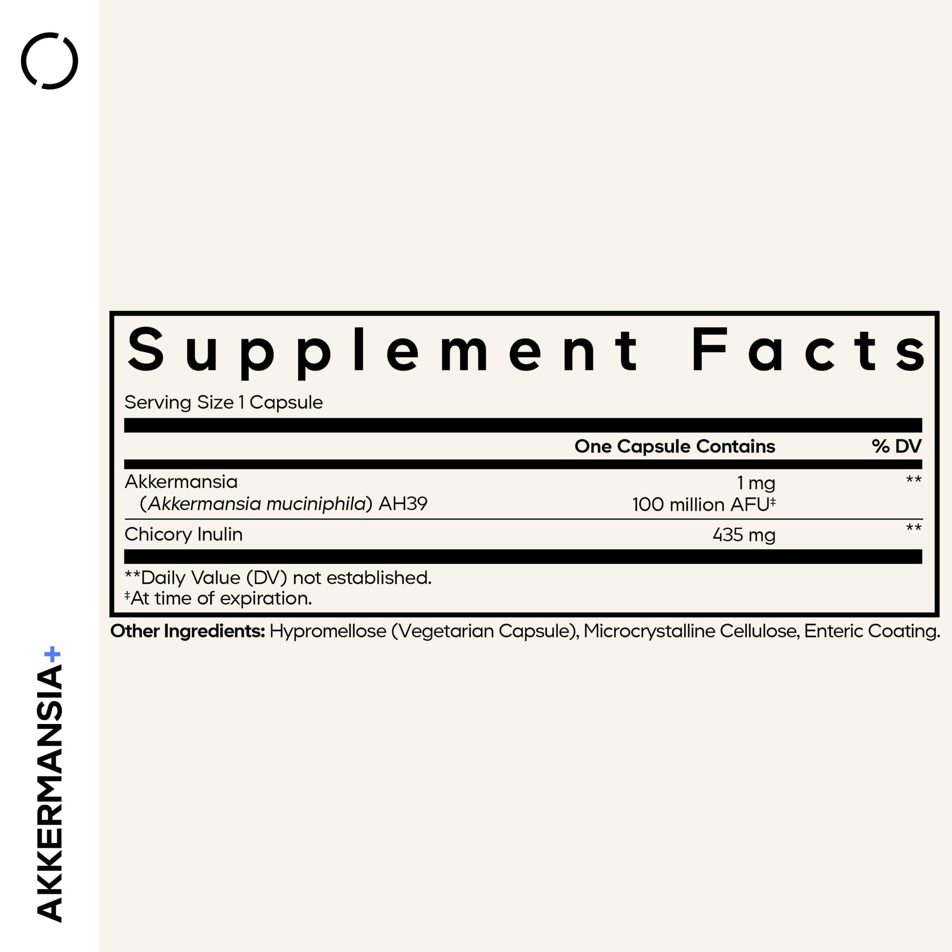 Supplement facts label on the back of the Codeage Akkermansia probiotic bottle showing ingredients.