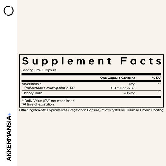 Supplement facts label on the back of the Codeage Akkermansia probiotic bottle showing ingredients.