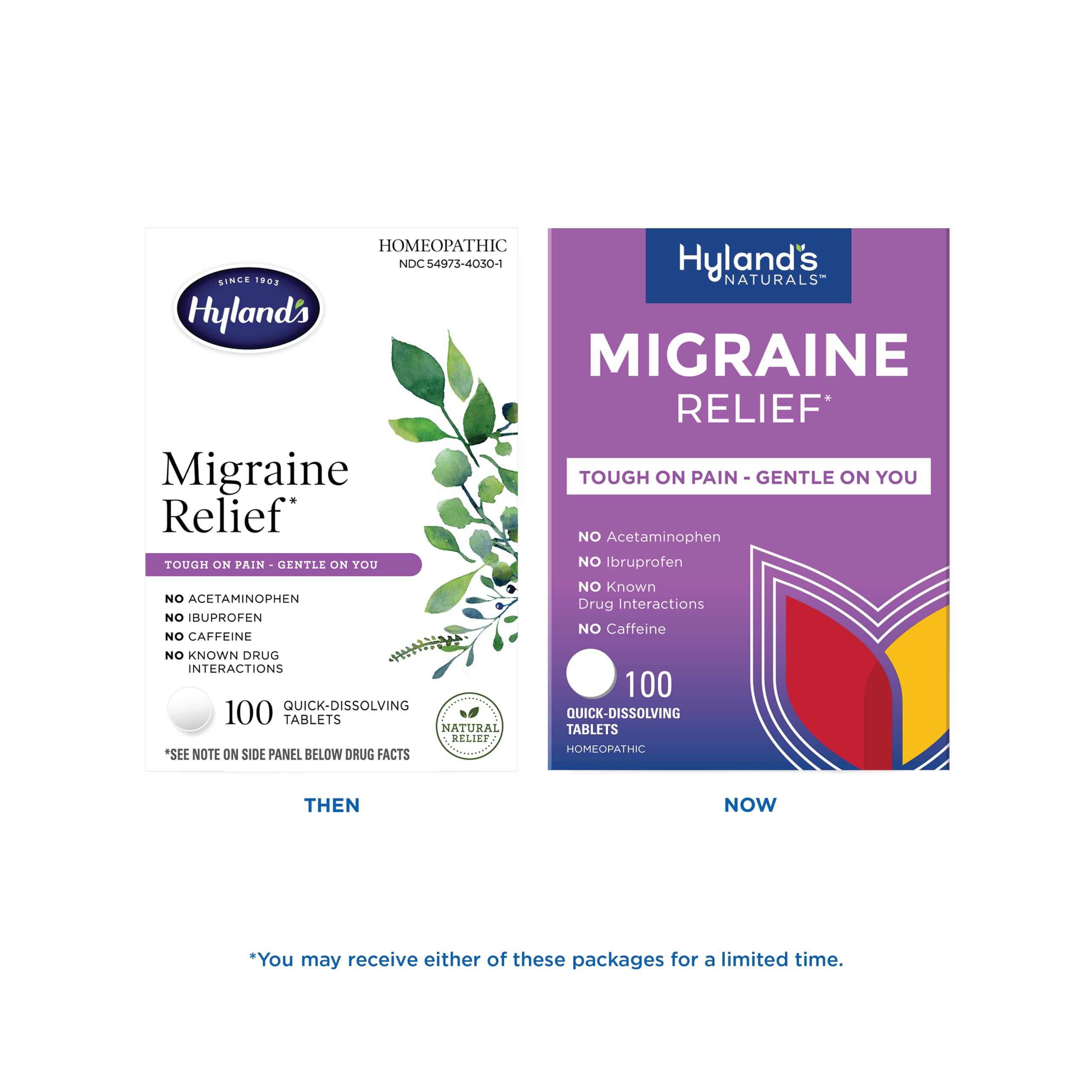 Hyland's Migraine Relief tablets packaging showing homeopathic ingredients