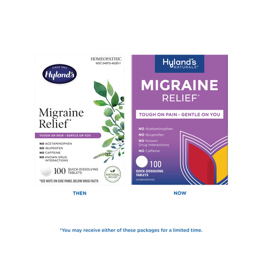 Hyland's Migraine Relief tablets packaging showing homeopathic ingredients