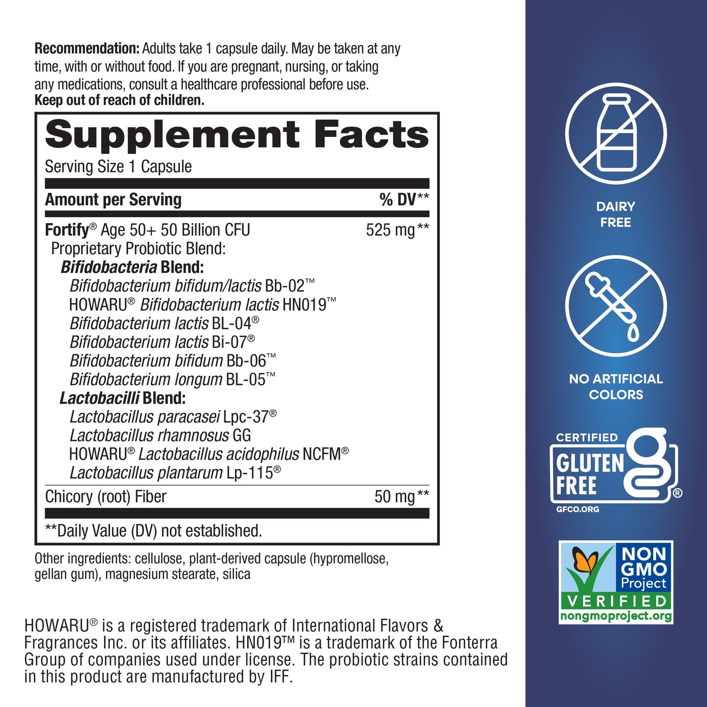 Nature's Way Fortify Digestive Health supplement for adults side view emphasizing the 11 probiotic strains