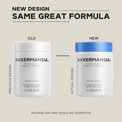 Side view of Codeage Akkermansia synbiotic packaging highlighting the 100 million active fluorescent units.