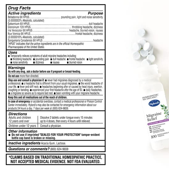 Hyland's natural pain relief bottle side profile with usage instructions