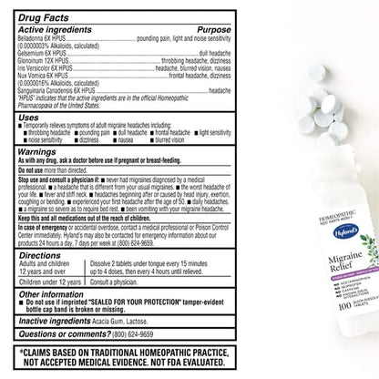 Hyland's natural pain relief bottle side profile with usage instructions
