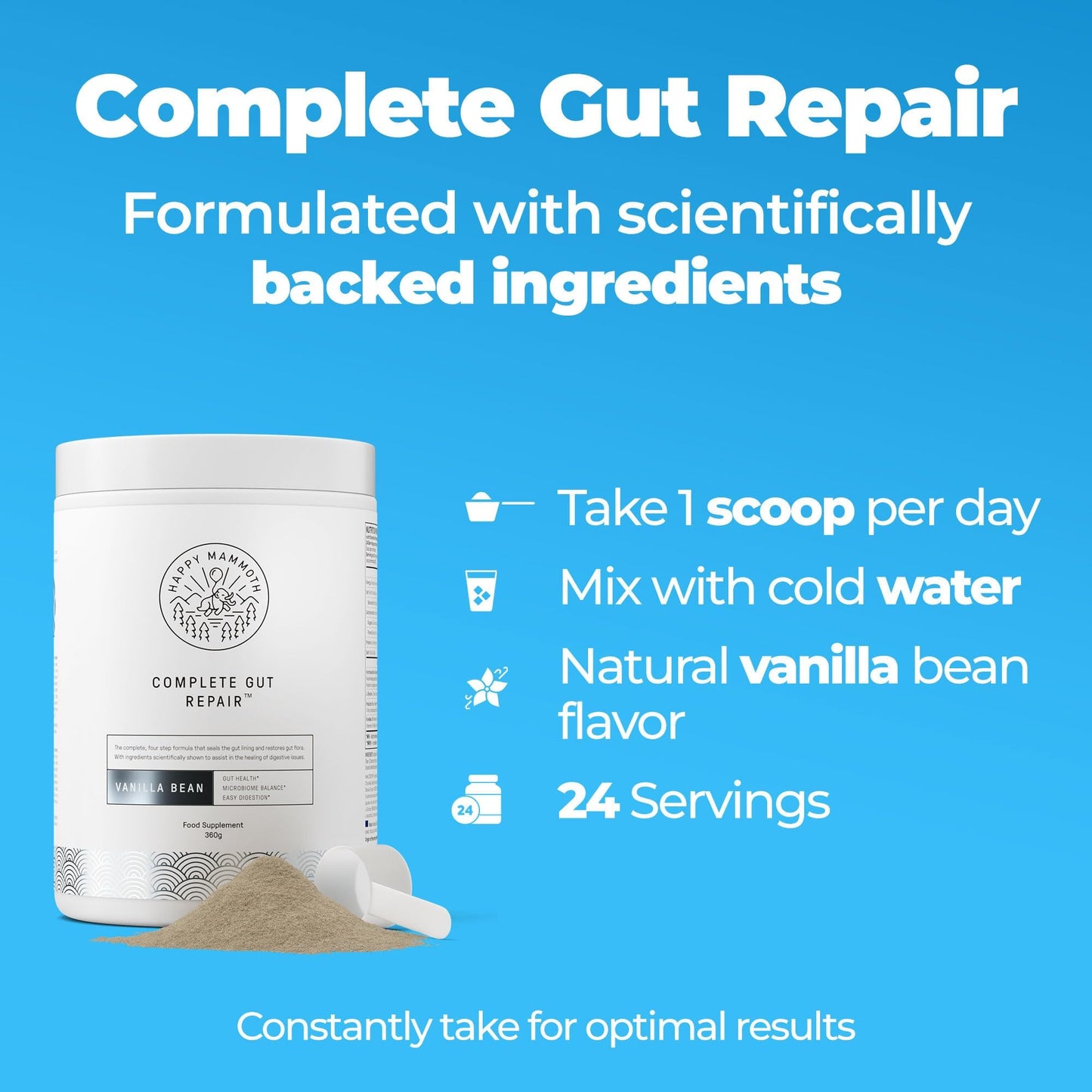 Scoop of Happy Mammoth collagen prebiotic powder next to the white tub