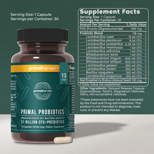 Primal Harvest Probiotics bottle showing 31 billion CFU supplement facts panel