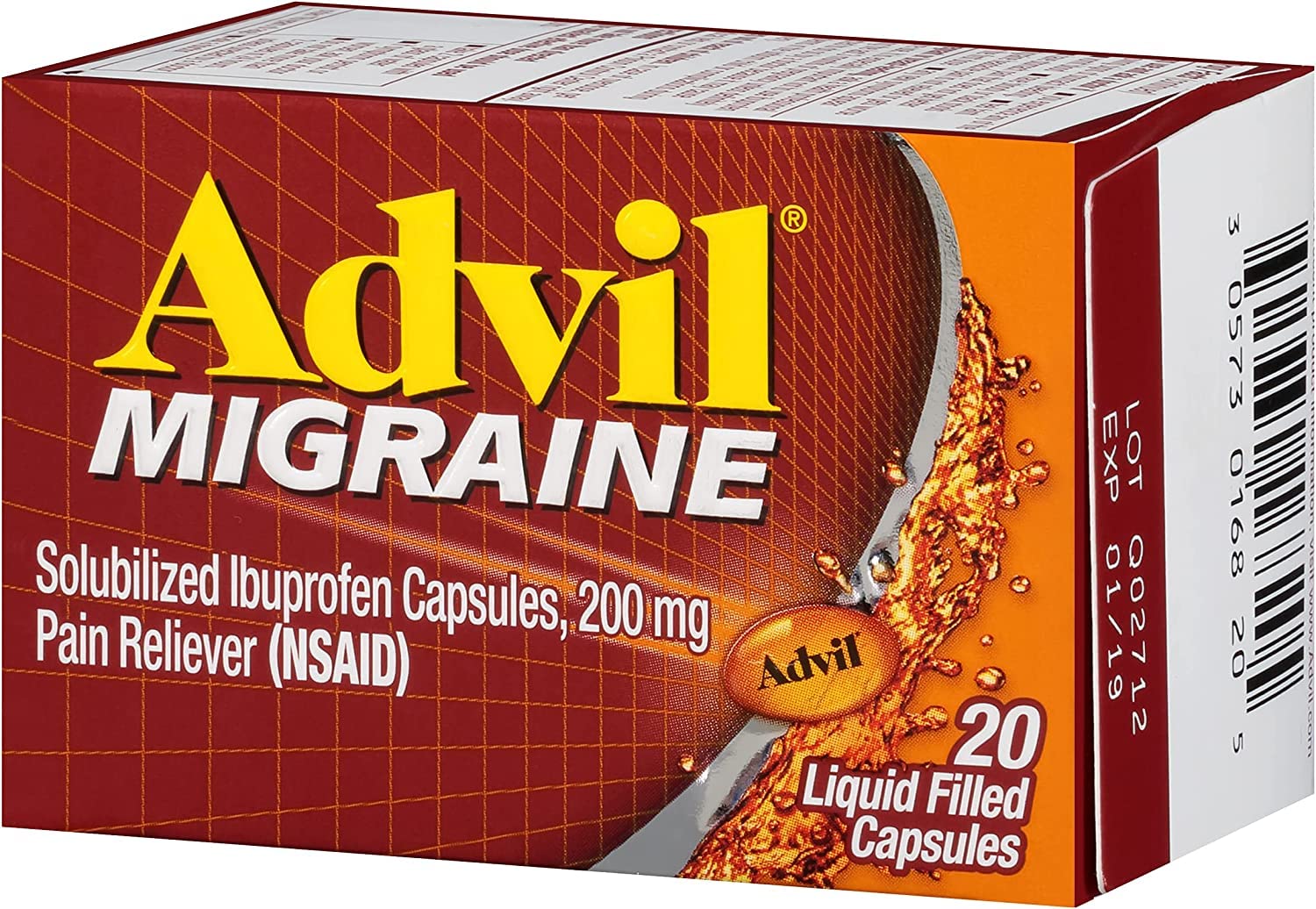 Advil Migraine 200mg liquid gel capsules packaging