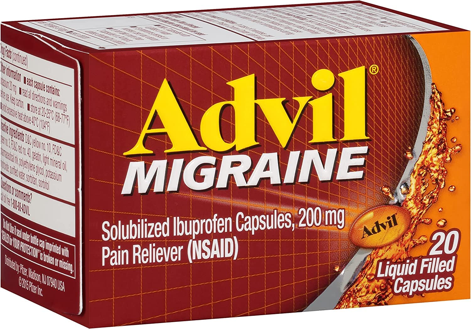 Back of Advil Migraine packaging showing dosage information