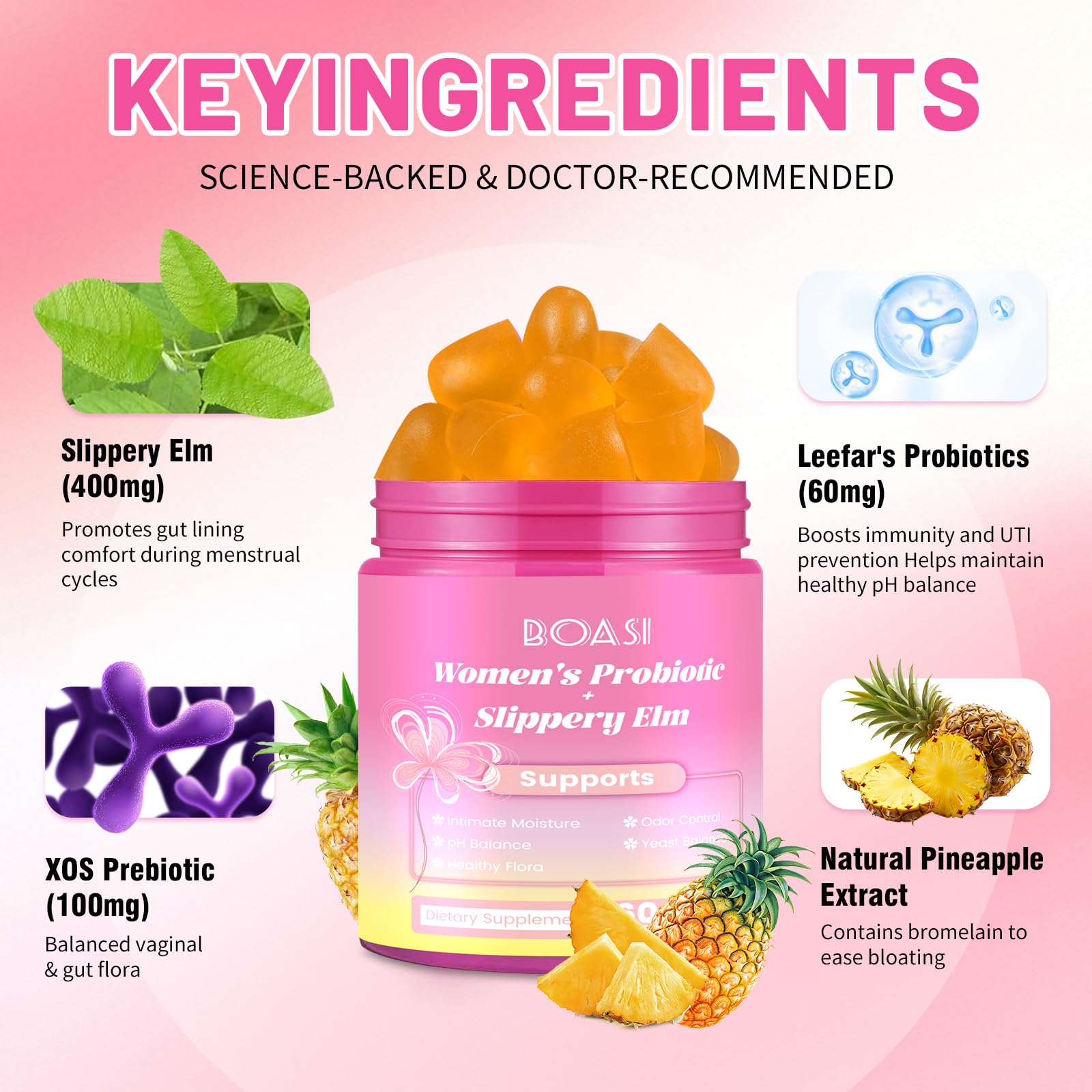 Boasi daily feminine care supplements with slippery elm and pineapple flavor