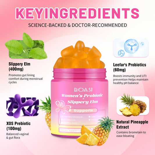 Boasi daily feminine care supplements with slippery elm and pineapple flavor
