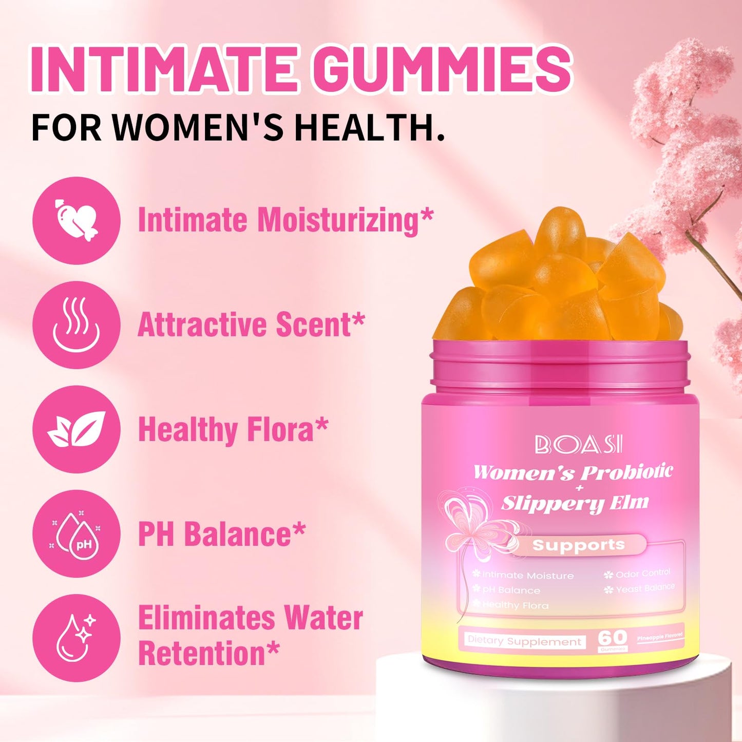 Side view of Boasi women's probiotic sixty count bottle showing instructions