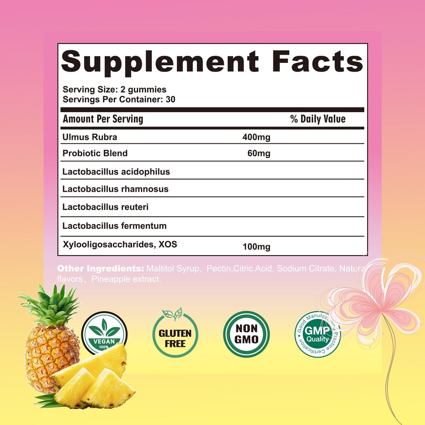 Boasi her juicy feminine probiotic bottle with legal disclaimer and facts label