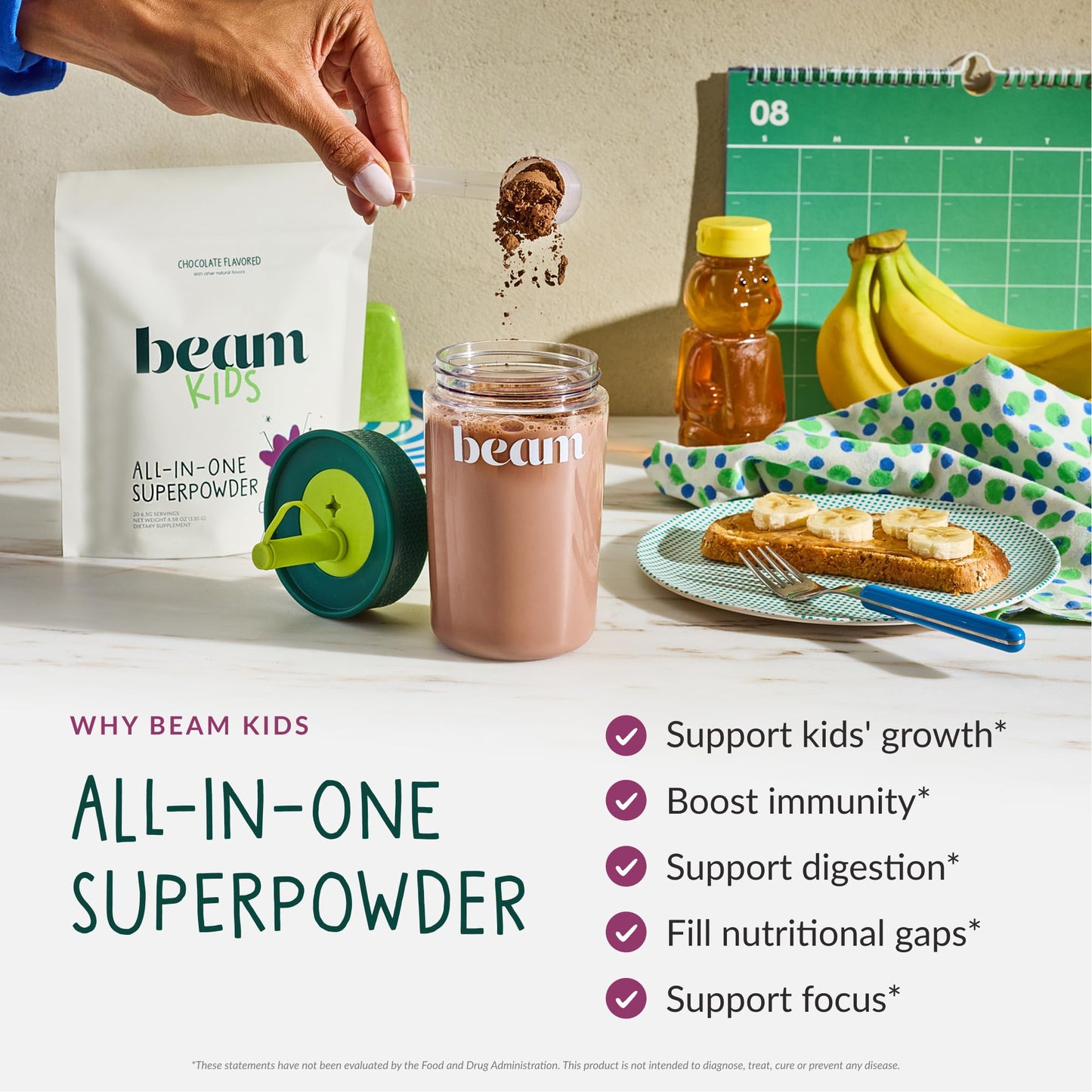 Beam Kids organic greens and multivitamin chocolate powder nutritional supplement pouch side view