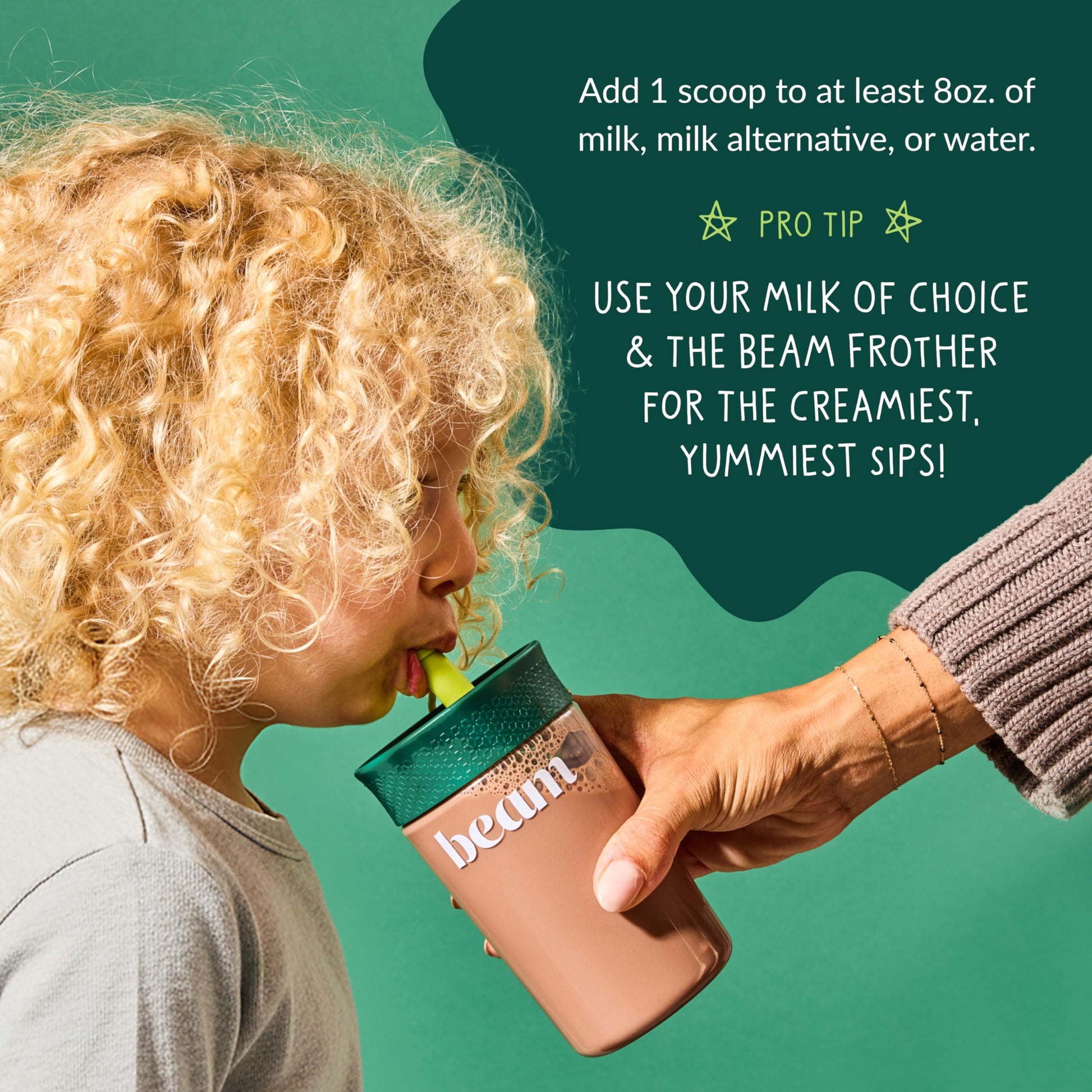 Beam Kids all in one daily nutrition shake chocolate flavor scoop showing powder texture