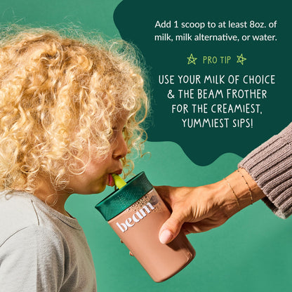 Beam Kids all in one daily nutrition shake chocolate flavor scoop showing powder texture