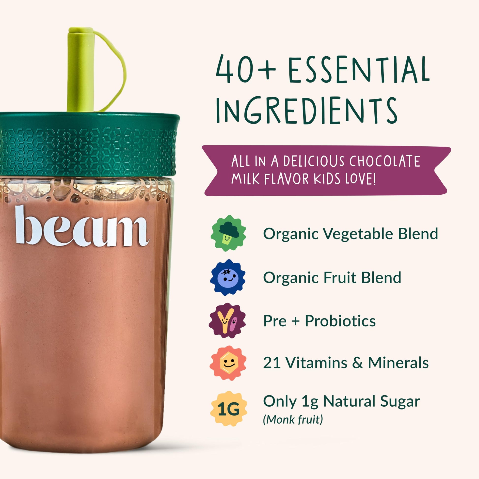 Beam Kids superfood powder chocolate flavor mixed into a glass of milk