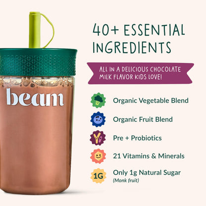 Beam Kids superfood powder chocolate flavor mixed into a glass of milk
