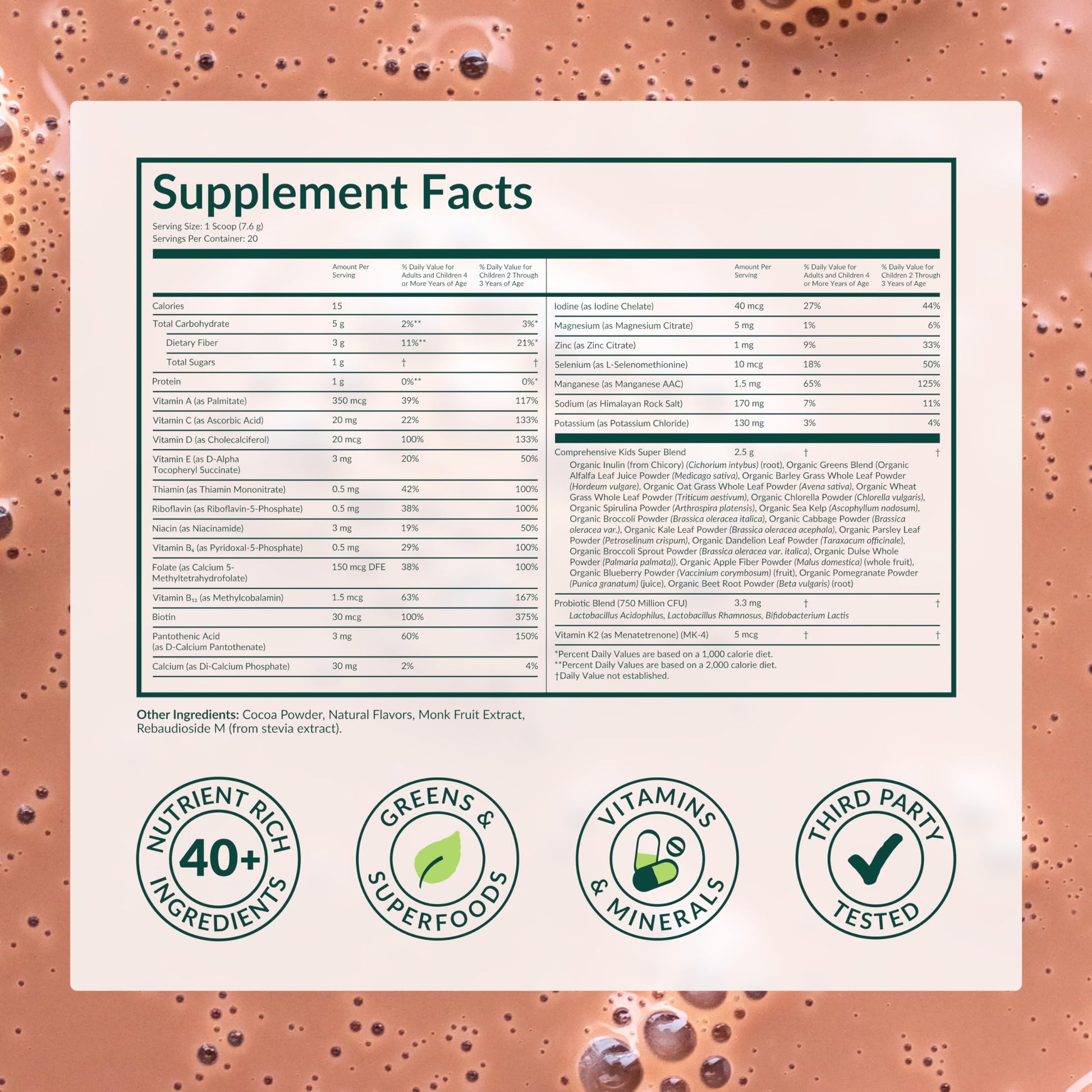 Beam Kids USA sourced daily health supplement pouch showing organic green ingredients list