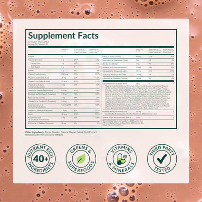 Beam Kids USA sourced daily health supplement pouch showing organic green ingredients list