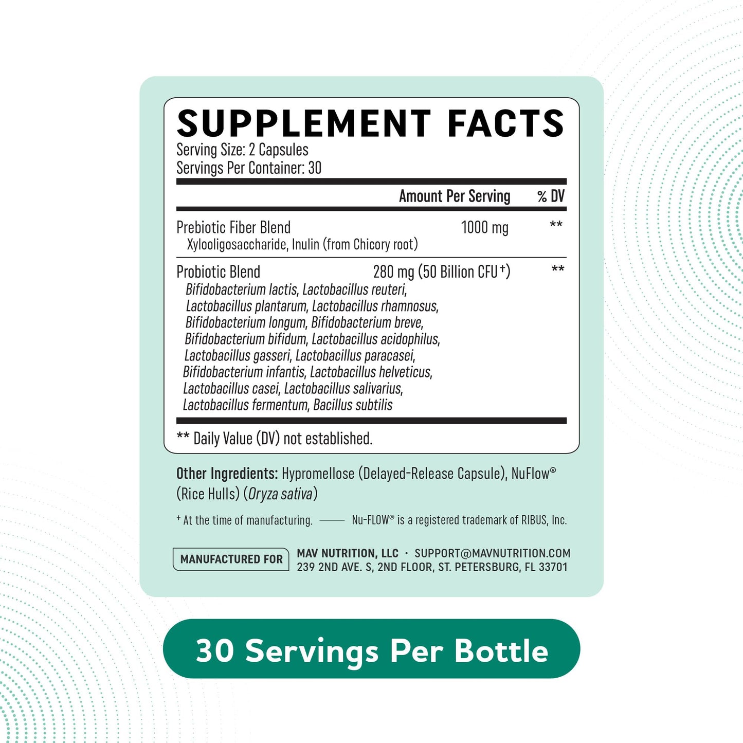 MAV Nutrition prebiotic plus probiotic 60 count packaging showing dosage instructions