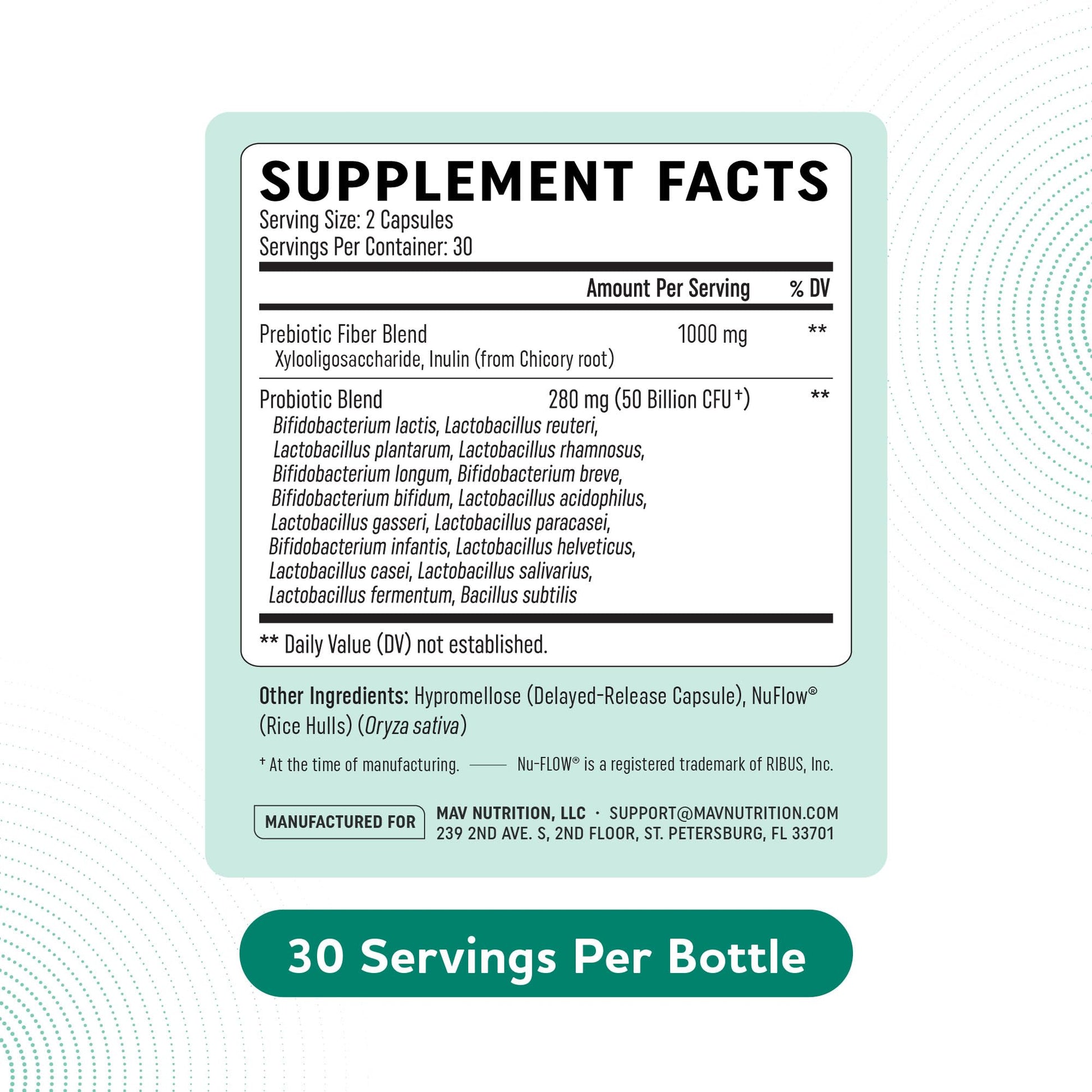MAV Nutrition prebiotic plus probiotic 60 count packaging showing dosage instructions