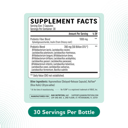 MAV Nutrition prebiotic plus probiotic 60 count packaging showing dosage instructions