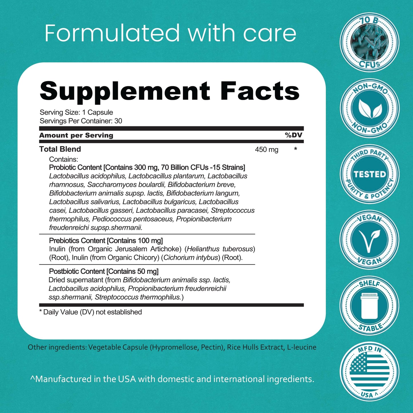 NaturaLife Labs 3 in 1 formula capsule display showing prebiotic and postbiotic supplement details.