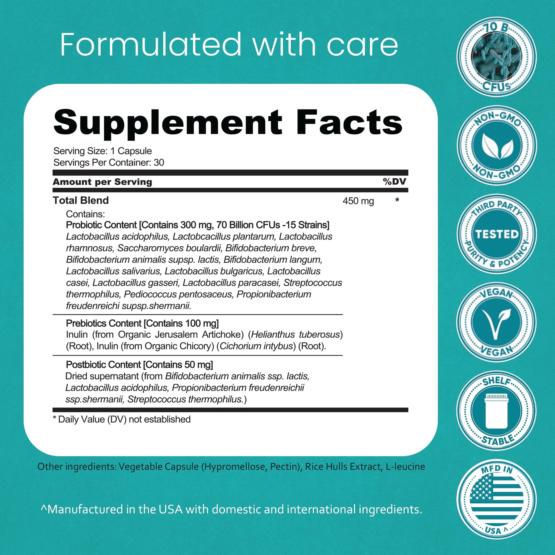 NaturaLife Labs 3 in 1 formula capsule display showing prebiotic and postbiotic supplement details.
