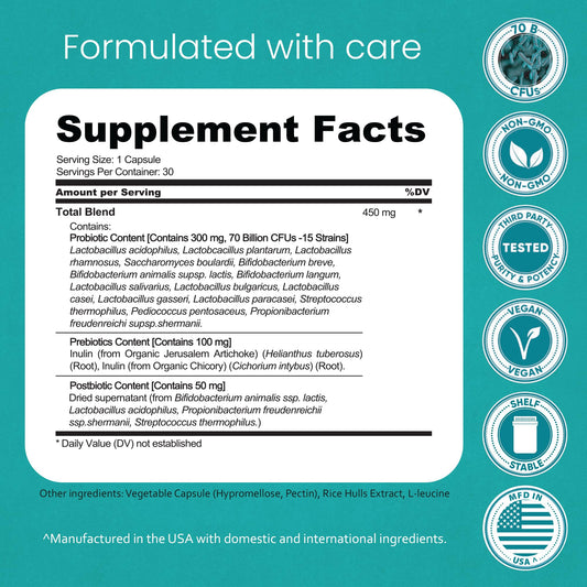 NaturaLife Labs 3 in 1 formula capsule display showing prebiotic and postbiotic supplement details.