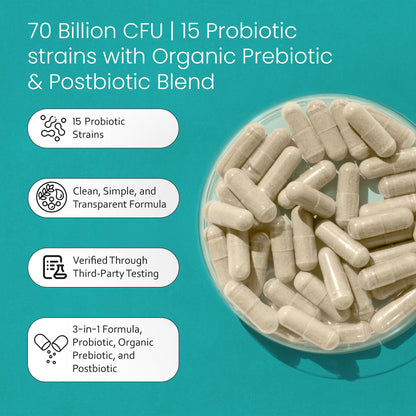 NaturaLife Labs 30 vegan capsules supplement facts label indicating 15 probiotic strains.