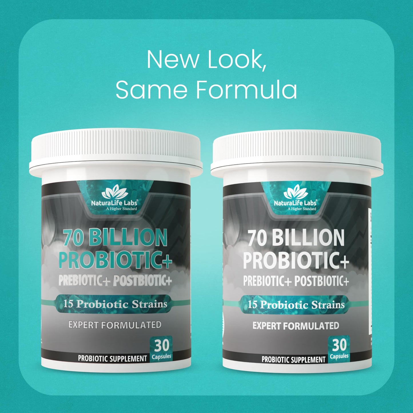 NaturaLife Labs organic prebiotic and postbiotic bottle showing delayed release capsule technology.