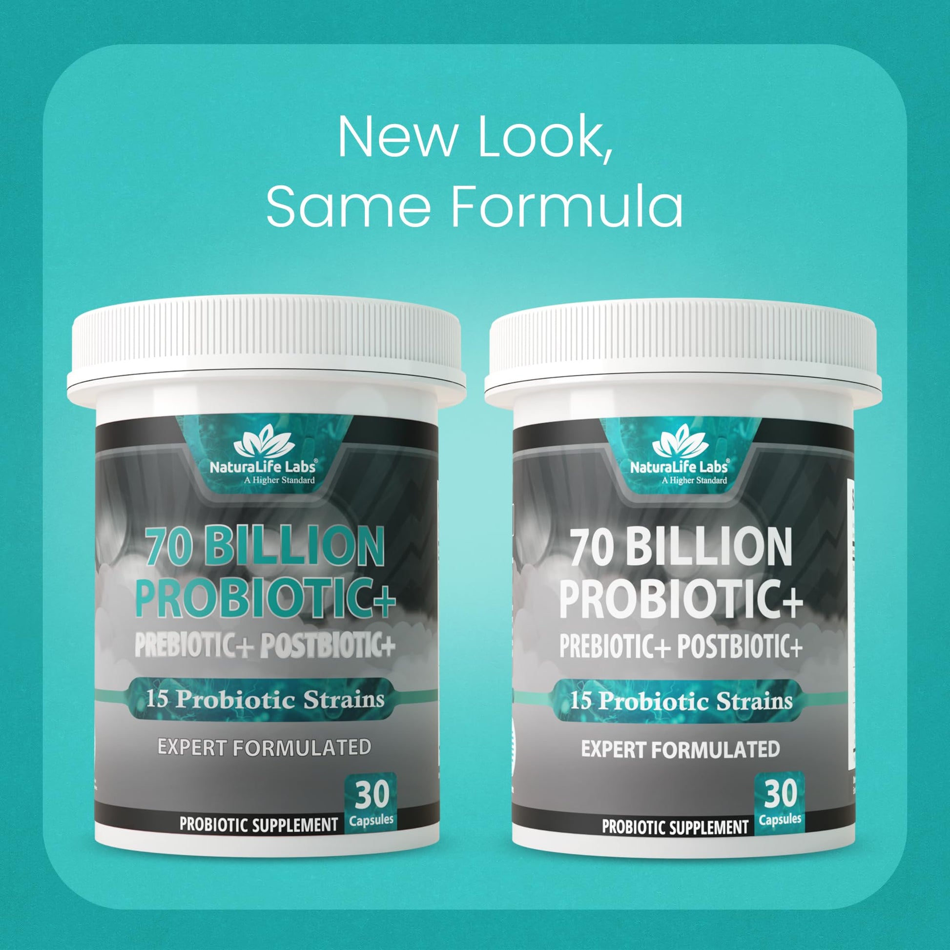 NaturaLife Labs organic prebiotic and postbiotic bottle showing delayed release capsule technology.