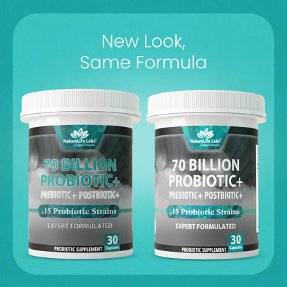 NaturaLife Labs organic prebiotic and postbiotic bottle showing delayed release capsule technology.