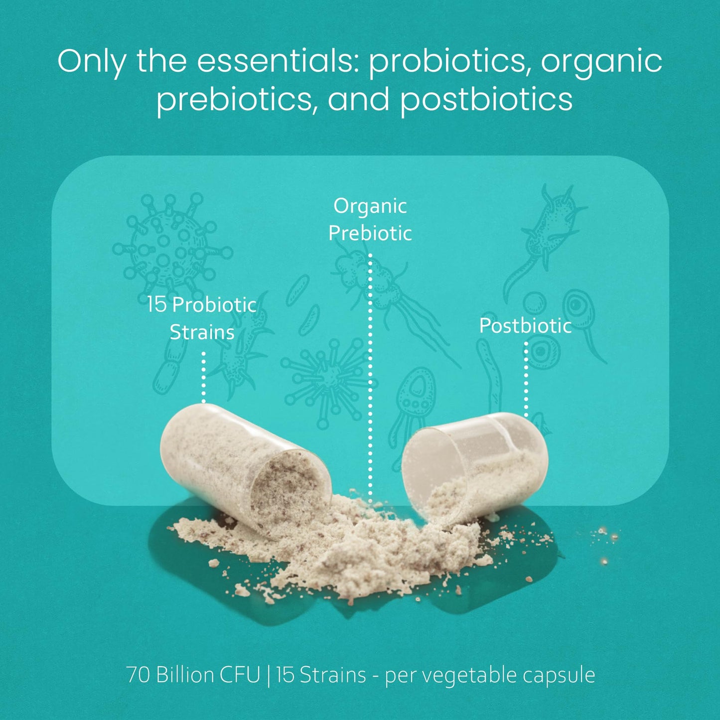 NaturaLife Labs 70 billion CFU gut health supplement highlighting shelf stable formula benefits.