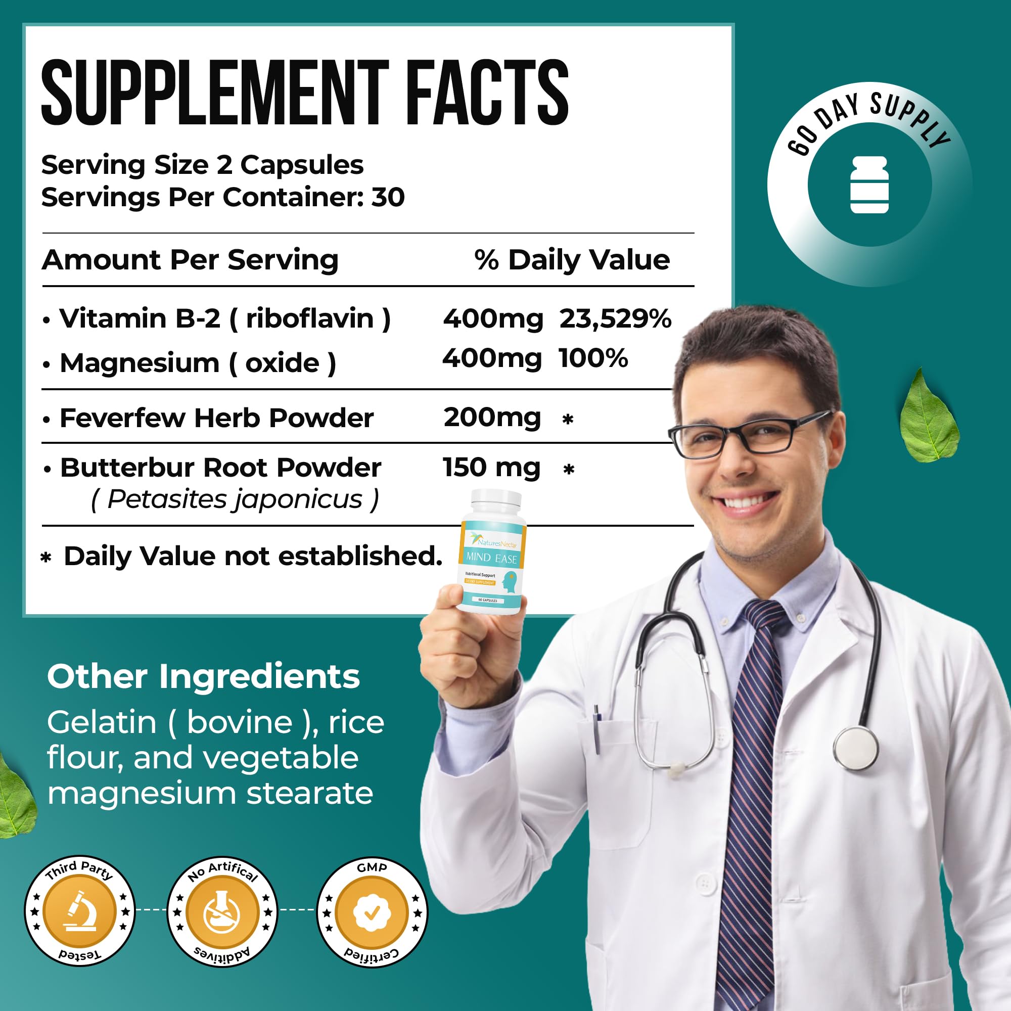Nature's Nectar migraine supplement label detailing ingredients
