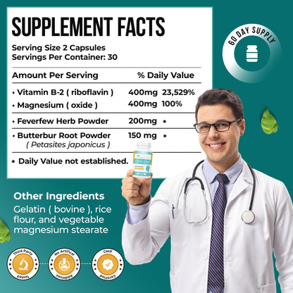 Nature's Nectar migraine supplement label detailing ingredients