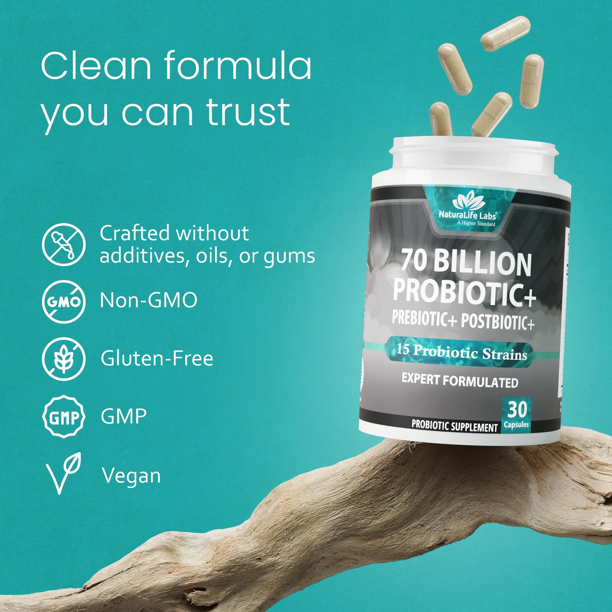 NaturaLife Labs triple action biotic bottle demonstrating organic gut barrier integrity support.