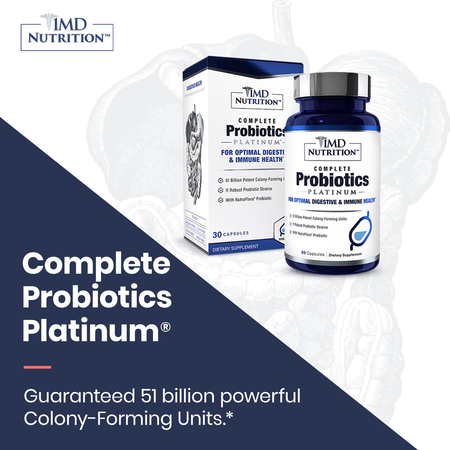 1MD Nutrition 51 billion CFU probiotic bottle packaging