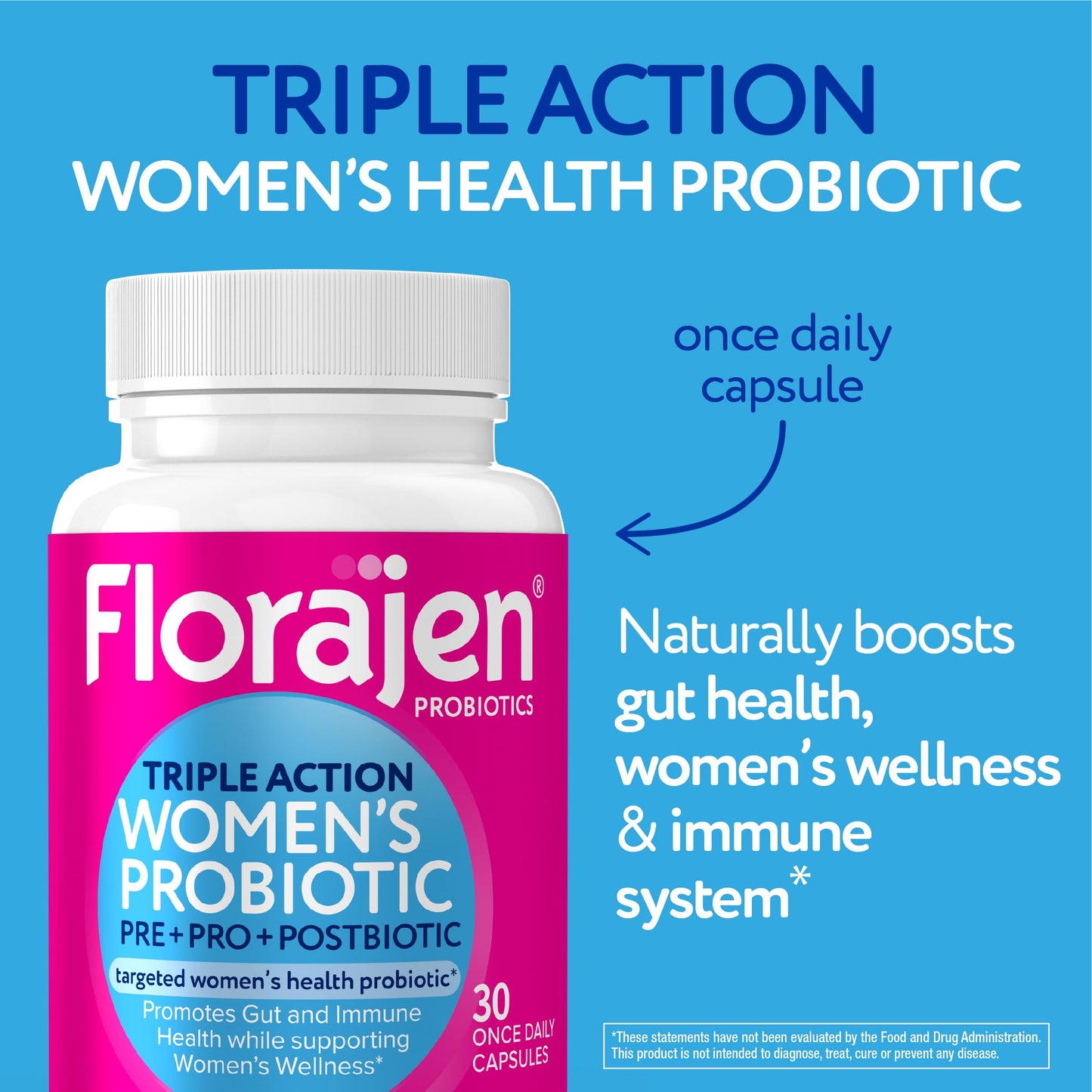 Florajen Complete Triple Action probiotic bottle displaying fast three hour relief claim
