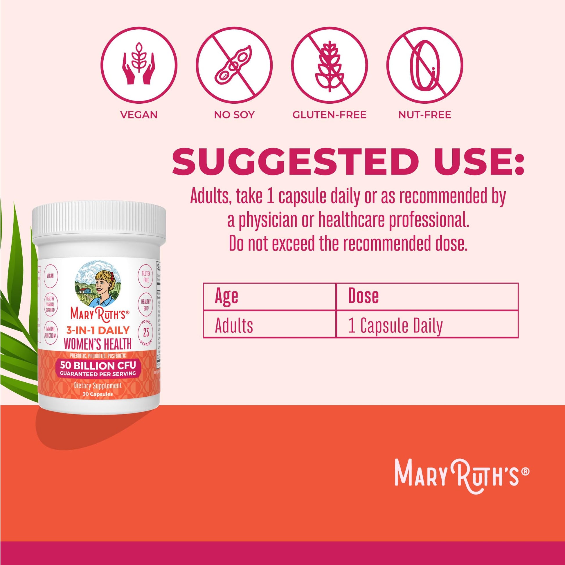MaryRuth's vegan triple-action prebiotic probiotic and postbiotic capsule ingredients